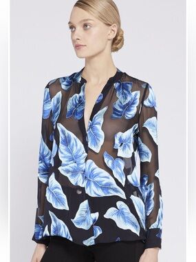 Alice + Olivia Black Sheer Blouse with Blue Leaf Print